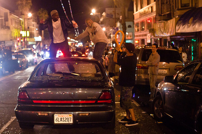 SF Giants fans stomp out car